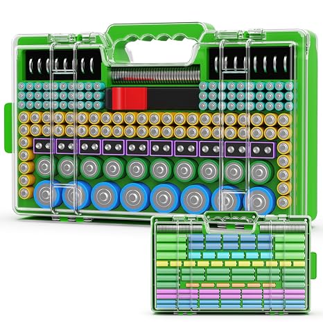 Narotood Battery Organizer Storage Holder Box Case with Tester, Ultra-Large 280+ Batteries Double-Sided Variety Pack,Holds AA AAA 4A C D Cell 9V 3V Lithium18650 LR44 CR2 CR123 CR1632 - Green