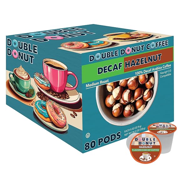 Double Donut Coffee Flavored Decaf Coffee, Decaf Hazelnut Coffee, Decaf Coffee Pods for Keurig K Cups Machines, Medium Roast, 80 Count (Pack of 1)