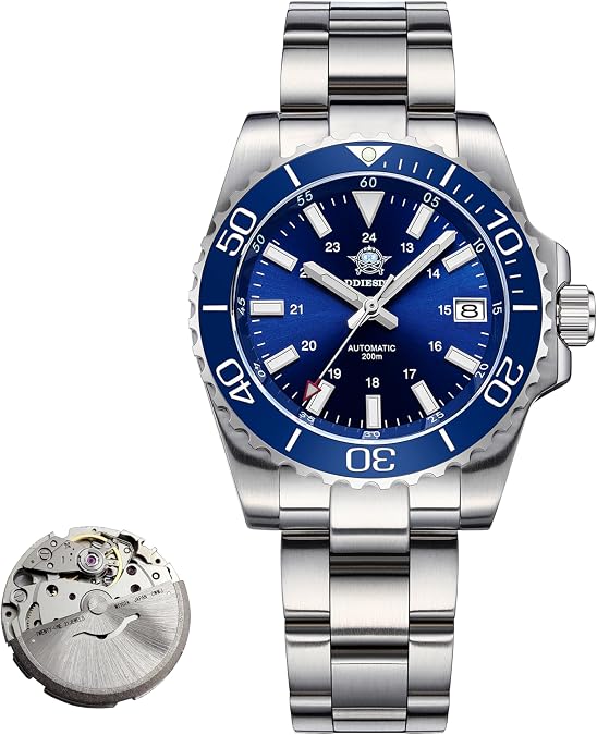 ADDIESDIVE Men's Automatic Dive Watch Sunray Brushed Dial 200M Waterproof Synthetic Sapphire Super Luminous Stainless Steel Diving Watch for Outdoor