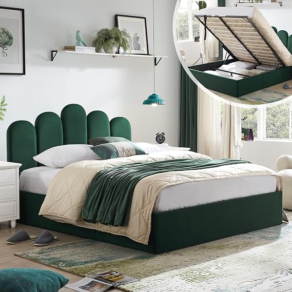 Queen Upholstered Platform Bed with Hydraulic Lift Storage, Headboard