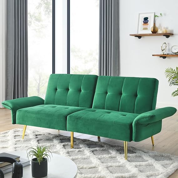 HRVEOCEI 78" Comfy Futon Sofa Bed, Green Velvet Fabric Futon Sofa Bed Couch, Convertible Sleeper Sofa with Adjustable Backrest& Armrests, Modern Loveseat Sleeper for Living Room (Green)