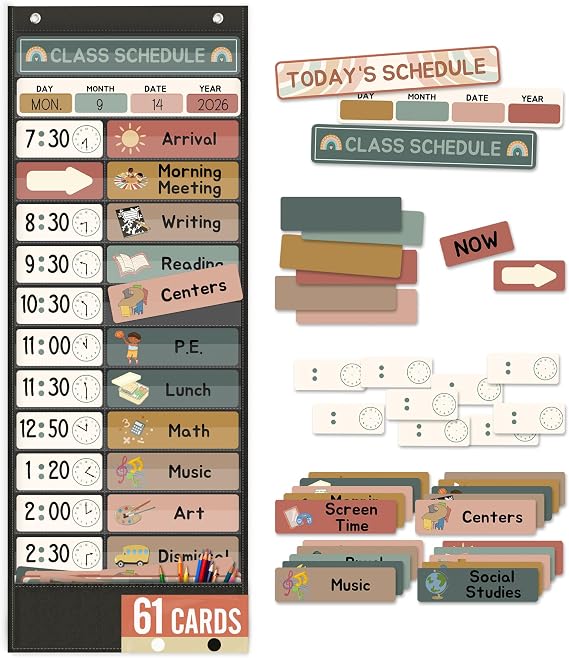 Daily Schedule Pocket Chart for Kids Management, 13+1 Pockets with 61 Cards Black Visual Time Reusable Dry-Eraser Schedule, Teacher Supplies for Boho Classroom Homeschool Decor