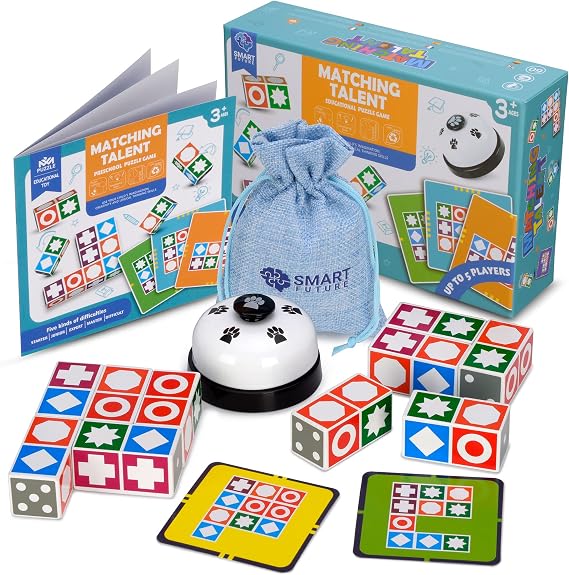 Funtactics Wooden Block Matching Puzzle Game with Victory Bell Pattern Recognition Board Game for Kids Ages 3& Adults | 5 Players 5 Difficulty Levels | Family Game Night | Birthday