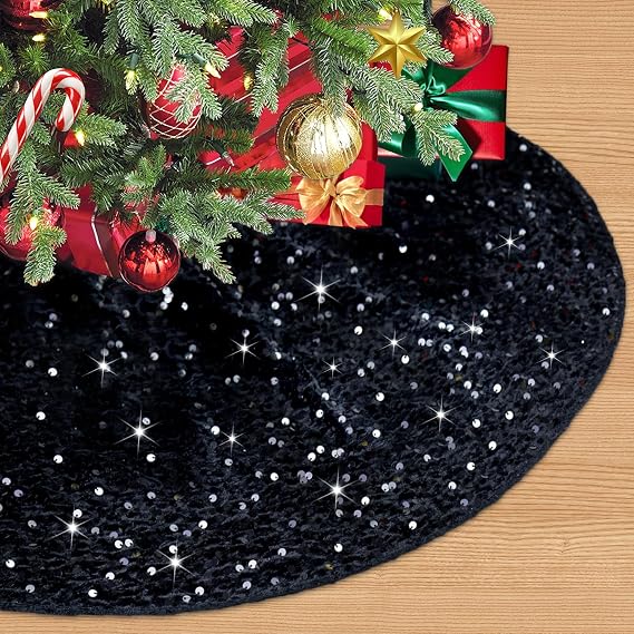 Black Halloween Tree Skirt 36 Inch Sparkly Sequin Tree Skirts Velvet Tree Skirt Holiday Tree Mat for for Artificial Trees Fall Christmas Tree Skirts for Black Christmas Tree Decorations