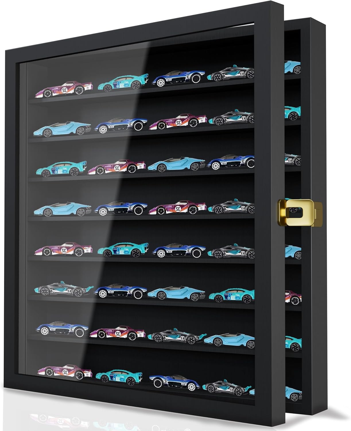 Buruis Large Display Case for 164 Scale Model Cars, Wall-Mounted or Freestanding Wood Display Cabinet for Hot Wheels, Mini Toys, Minifigures, UV Protection Shadow Box, Display Case, Black