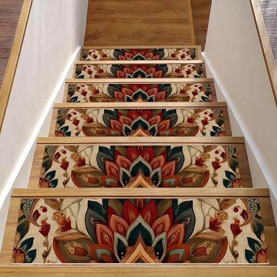 Vintage Ethnic Boho Pattern Stair Treads Non-Slip Stair Runners for Wooden Steps Indoor 15PCS 30"x8" Carpet Stair Treads Stair Mats Staircase Step Treads for Kids, Elders and Dogs
