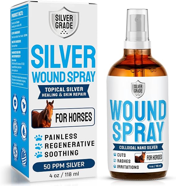 Horse Wound Care Spray with Silver for Insect & Fly Bites, Hot Spots, Scratches & Itchy Skin Supports Quick Healing of Cuts, Abrasions & Rain Rot Treatment for Horses Equine Healing Aid 4 Oz