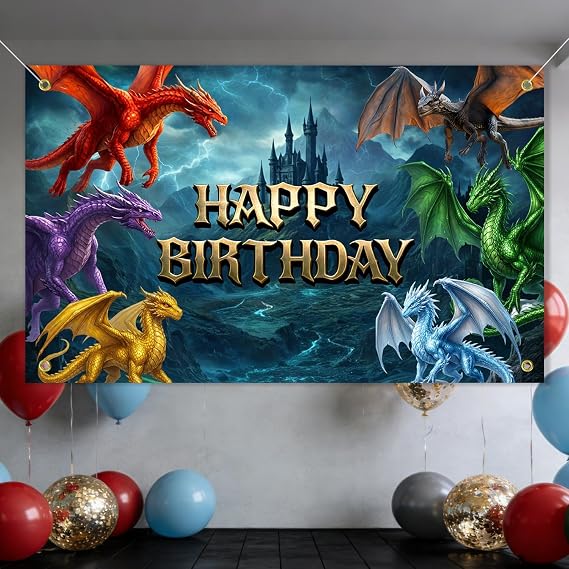 Dragon Birthday Decorations Backdrop Banner, Large Size 3Ft x 5Ft Dragon Themed Decor Photo Backdrop