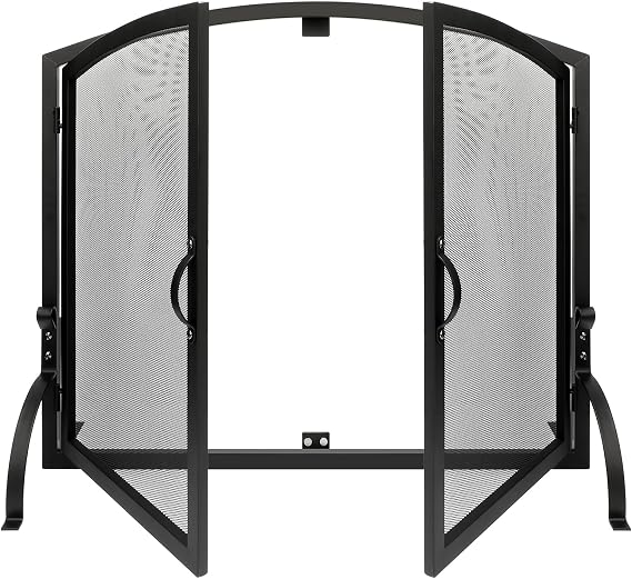 35"x27" Arched Fireplace Screen with Magnetic Double Doors, Black | Freestanding flat iron spark guard. Child & pet safe mesh cover for indoor hearth or wood stove. Durable and easy to assemble