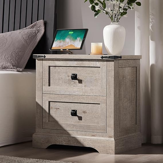 T4TREAM 24" Farmhouse Nightstand with Charging Station, Light Rustic Oak | End Table, 2 Large Storage Drawers, Rustic Wood Sofa Bedside Table, Bedroom, Living Room
