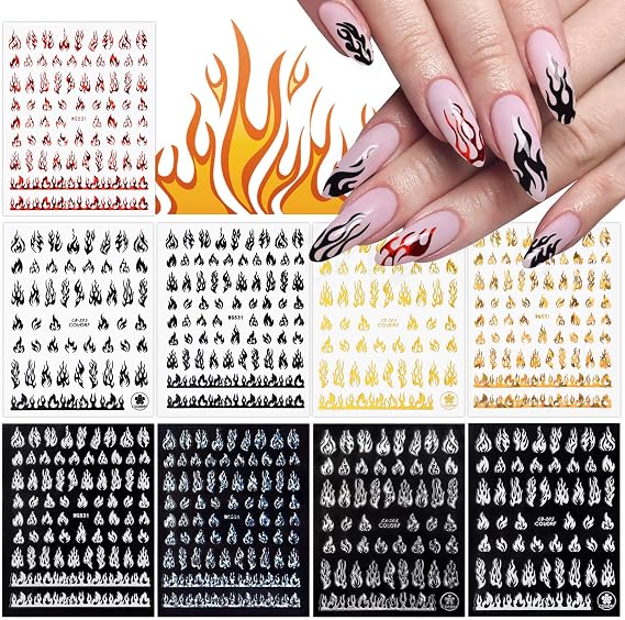 TOROKOM 9 Sheets Flame Nail Stickers Decals | 3D Holographic Self-Adhesive Fire Nail Decals White Black Silver Gold Red Flame Nail Sticker Nail Art Supplies for Nail Decor