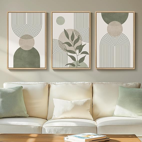 Framed Sage Green Beige Boho Abstract Wall Art for Living Room, 16x24 Inch