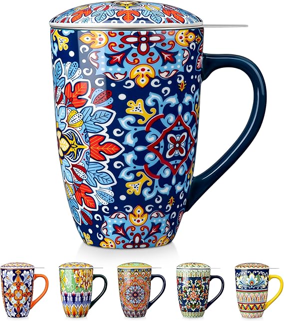 vancasso Ceramic Tea Mug with Infuser and Lid, 18 Ounce Bohemian Loose Leaf Cup, Microwave & Dishwasher Safe, Perfect for Tea, Coffee, Royal-Crimson Flourish