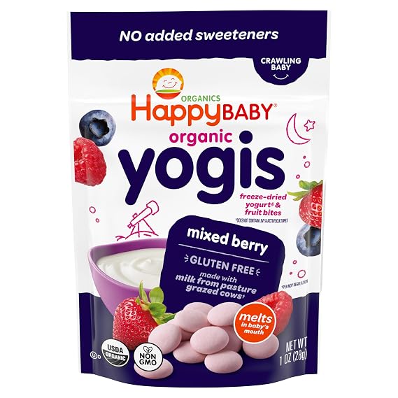 Happy Baby Organic Yogis Freeze-Dried Yogurt & Fruit Snacks Mixed Berry, 1 Ounce Bag Organic Gluten-Free Easy to Chew Probiotic Snacks for Babies & Toddlers