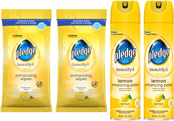 Pledge Multi-Surface Cleaner Spray and Wipes Bundle, Works on Leather, Granite, Wood, Lemon Scent (2 Count of 9.7 oz Cans, and 2 Pack of 24 Wipes)