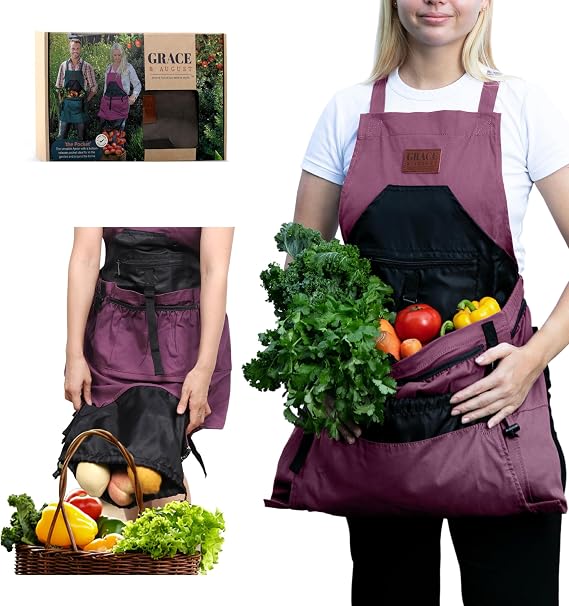Grace and August Gardening Apron with Pockets for Women & Men - Garden Apron 7 Pockets & Internal Drawstring Bag - Great Gift
