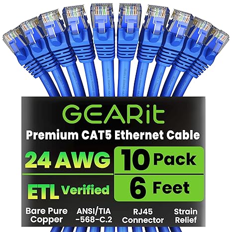 GEARit 10-Pack, Cat5e Ethernet Patch Cable 6 Feet - Snagless RJ45 Computer LAN Network Cord, Blue