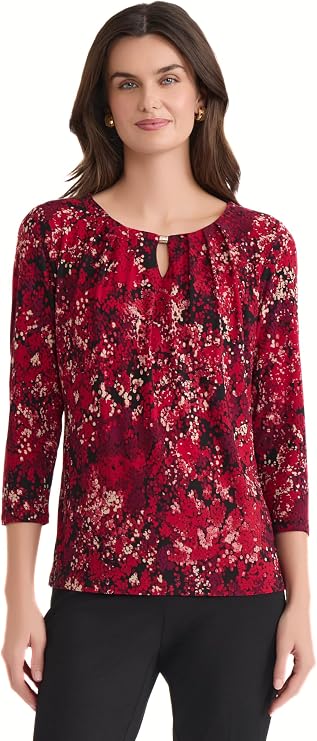Kasper Women's 3/4 Sleeve Pleat Neck Jersey Top