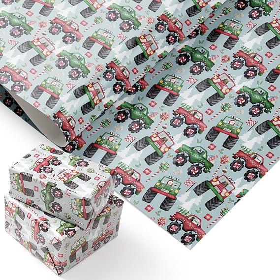 PlandRichW Monster Truck Christmas Wrapping Paper - Colorful Monster Trucks with Xmas Trees & Holiday Patterns - 4028 Inch Xmas Gift Wrap, 4 Folded Sheets for Kids & Adults