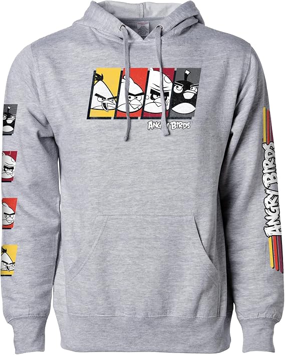 Angry Birds Official Retro Stripe Birds Adult Printed Hooded Fleece Pullover Sweatshirt for Men, Women, Unisex Heather Grey