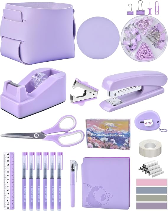 Purple Desk Accessories, Pencil case, Stapler, Pen and a Lot of Office Purple Office Supplies Beautifully Presented in a Gift Box