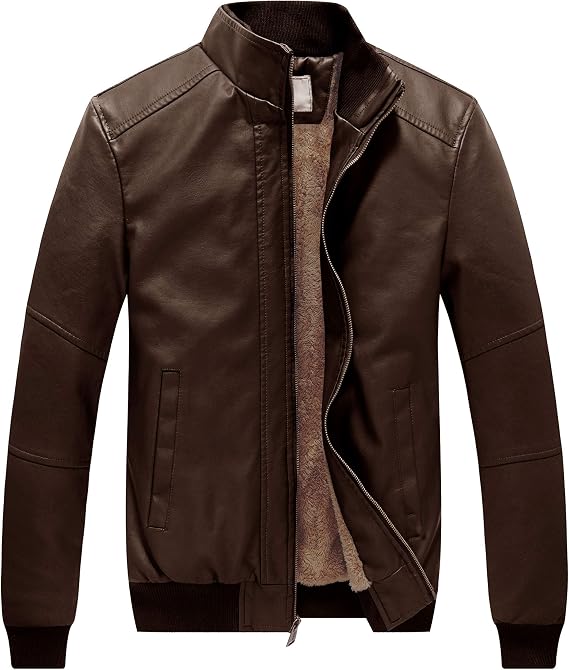 WenVen Men's Stand Collar Fleece Lined Faux Leather Jacket Warm Winter Coat