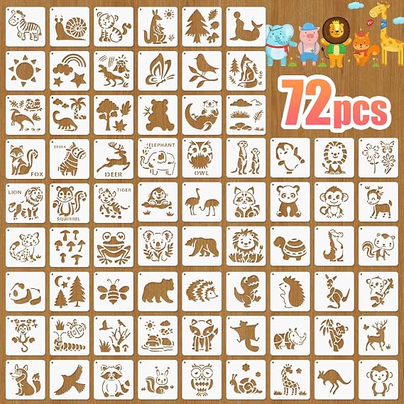 72 Pcs Animal Stencils for Painting, Reusable Wildlife & Creature Animal Painting Templates - Lion, Elephant, Zebra, Panda Craft Kit for Wall Murals, Fabric Art, Wood Signs, Kids Classroom Projects