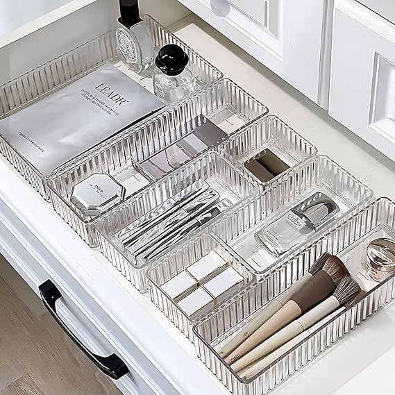 7PCS Clear Makeup Drawer Organizer Trays,4-Size,Stackable | Drawer Storage Containers,Desk Drawer Organizer Trays,Drawer Dividers,for Kitchen,Bathroom,Makeup,Office