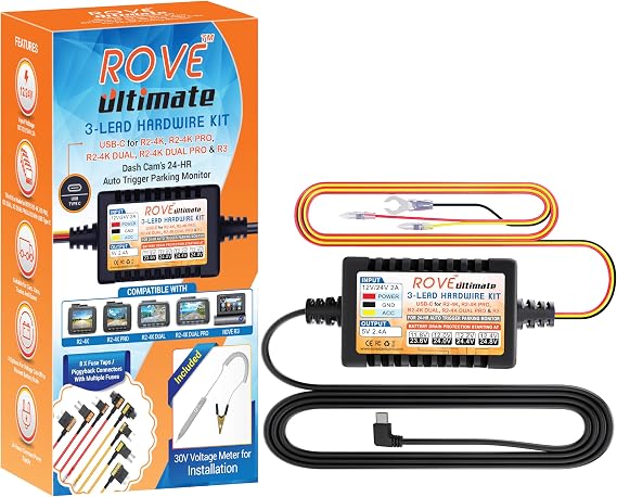 ROVE Ultimate Dash Cam Hardwire Kit, USB-C Port, 24Hr Parking Monitoring
