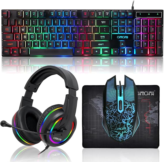Gaming LED Keyboard Mouse Headset and Mousepad Bundle,Wired Rainbow