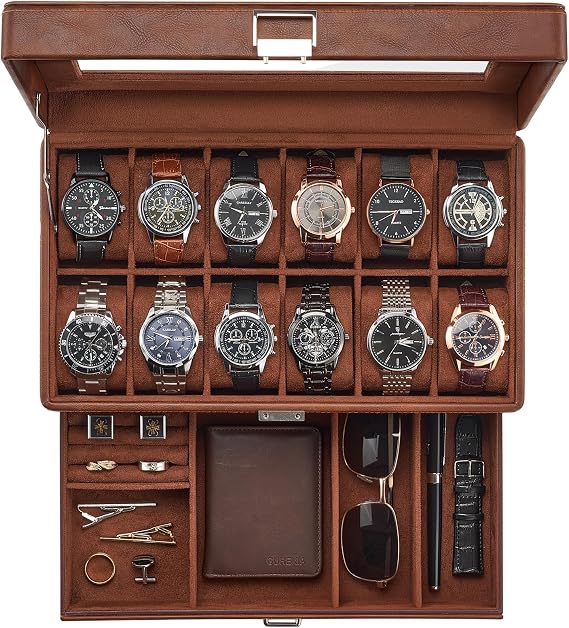 ProCase Premium Watch Box for Men, Jewelry Organizer Box with Drawer, Display Storage Case with Glass Lid -Brown, 12 Slot