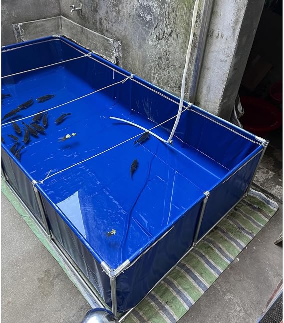 Above Ground Canvas Fish Pond, 50 100 160 200 240 300 360 Gal Blue Aquarium Pool Water Tank Foldable with Galvanized Frame, Relax Family Swimming Pool(200L/53Gal - 1x0.5x0.4m)