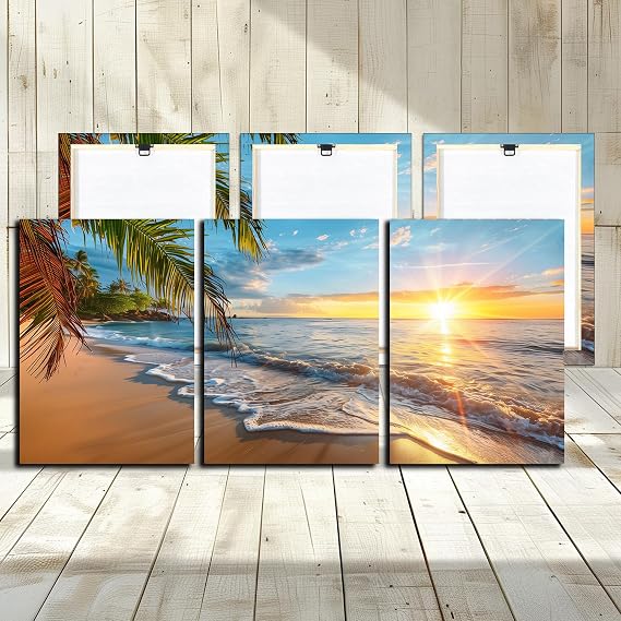 Beach Decor Canvas Wall Art - 3 Panel Sea Wave Palm Landscape Sunset Canvas Print Home Office Decorations for Living Room Seascape Modern Artwork Ocean Framed Painting Pictures for Bedroom 12''x16''