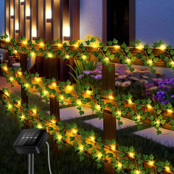 OurLeeme Solar Outdoor String Lights, 26.3FT 80LED Ivy Leaf Rattan String Lights Outside, Waterproof Solar Fairy Lights for Outdoor Wedding Garden Fence Wall Decoration