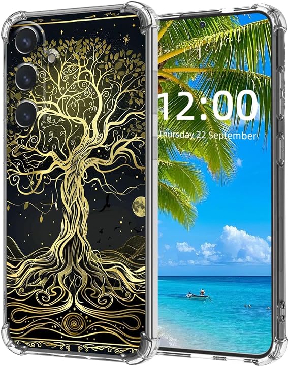 for Samsung Galaxy S24 Case, Ancient Gold Tree High-Definition Painted Back Cover with Soft Transparent TPU Bumper, Shockproof Protective for S24 Phone Case