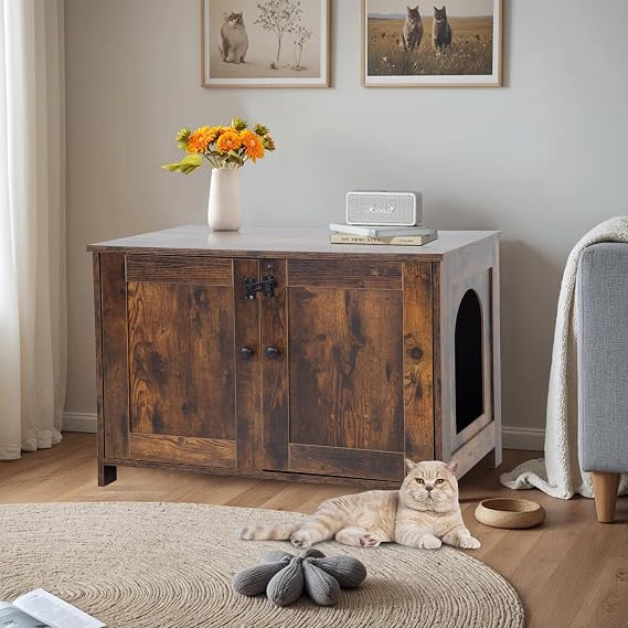 Cat Litter Box Enclosure Furniture, Wooden Cat Bathroom Furniture Storage Cabinet with Removable Divider, Fit Most Cats and Litter Box