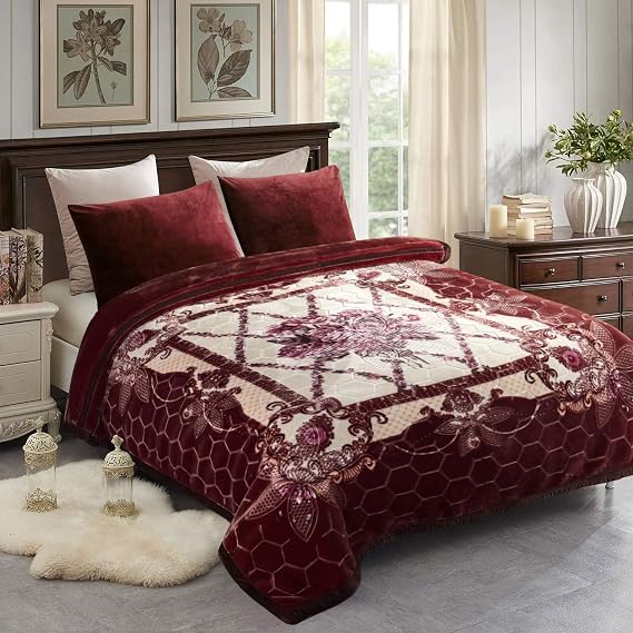 JML Korean Style Raschel Fleece Blanket King Heavy (85" x 95", 10 lbs) -2 Ply Double-Printed Reversible Plush Soft Thick Microfiber Bed Blanket, Burgundy Florals