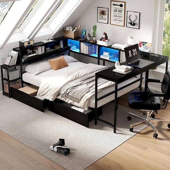 GDFStudio Twin Bed Frame with 2 Storage Drawers, Corner Platform Twin Bed with Desk, Bookcase Shelves, Charging Station, LED Light, Space Saving Twin Size Bed Frame, No Box Spring Needed, Black