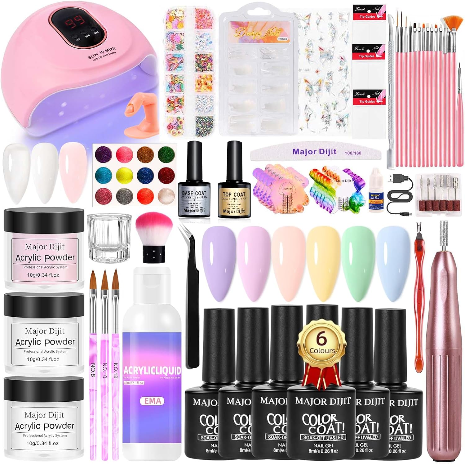 Acrylic Nail Kit Starter Set White Pink Clear Acrylic Powder 6 Colors Gel Polish Nail Drill U V Light with Everything for Beginners Full Supplies Decorations Salon Tools Gift Set (13-18)