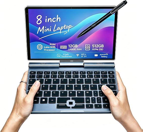 KOOFORWAY 8" 2-in-1 Mini Laptop, Intel N95, 12GB RAM, 512GB SSD | Compact laptop with touchscreen, stylus support, HDMI, USB-C, Wi-Fi 6 and BT 5.2 for work, travel,study and entertainment