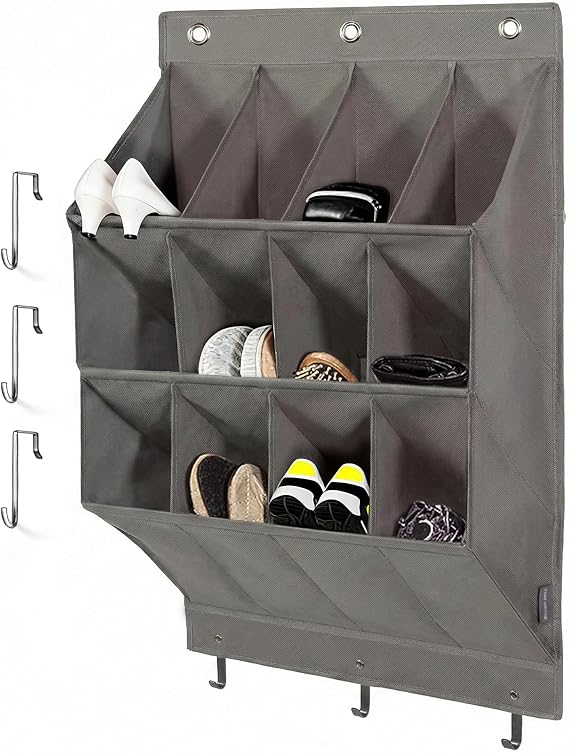 Over the Door Shoe Organizer, Grey 12 Pockets Hanging Shoe Storage Rack with Large Deep Pockets, Oxford 600D Fabric Shoe Storage Rack with 6 hook for Shoes, Home Accessories etc