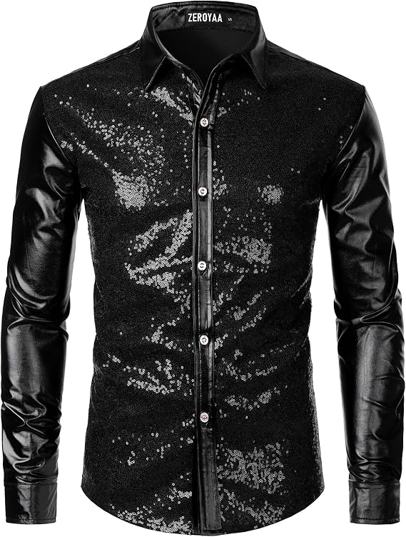 ZEROYAA Men's Shiny Metallic Sequin 70s Disco Shirt