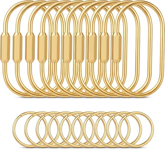 Tiezzi Gold Brass Key Rings, 10 Pack Keychain with 10 Flat Rings Carabiner Clip, Screw Lock Keys Organizer, Purse Bag Accessories Charms Holder for Handbags, Doll, Car Keys - Medium Size