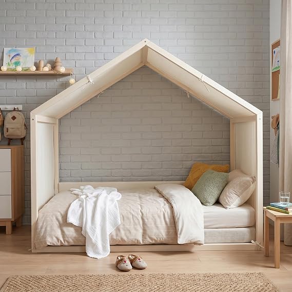 Merax Wood House Day Bed with Upholstered Side Panels and Linen Canopy