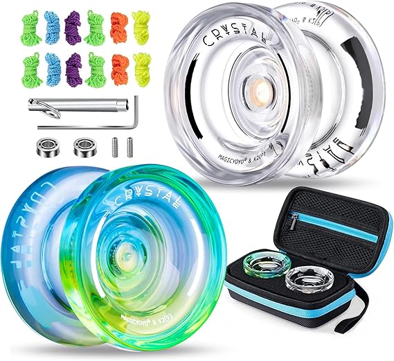 MAGICYOYO Responsive Yoyos for Kids K2 Crystal (Blue Yellow+Crystal White) | Dual Purpose Plastic Yoyos for Adults + Unresponsive Bearing for Advanced with12 Yo-Yo Strings, 2 KK Bearings, 1 Yo yo Case