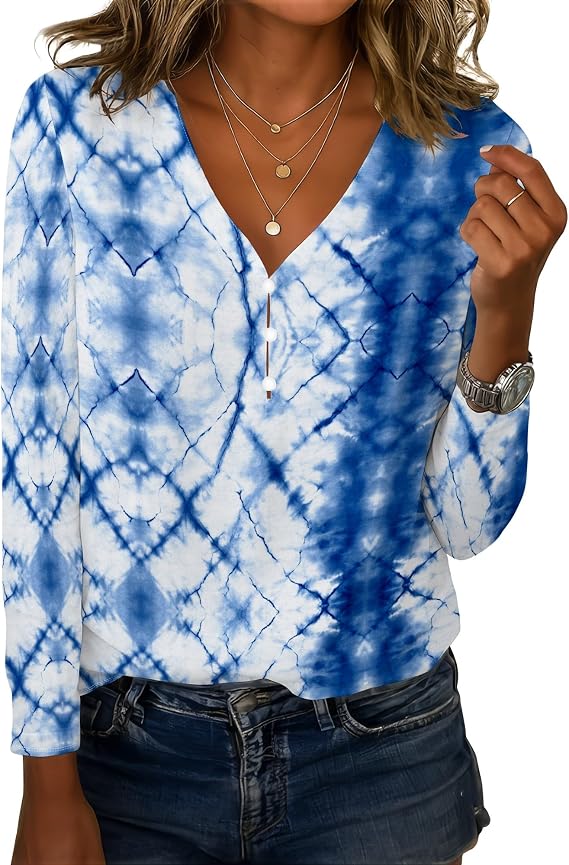Womens Summer Tops Cute Long Sleeve Tops Casual Outfits Button Down V Neck Shirts Summer Basic Fashion Tie Dye Print Tees