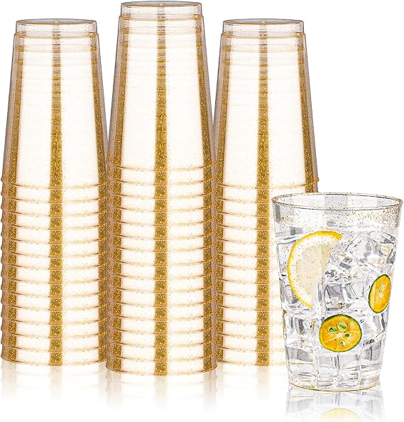 BESTVIP 12oz Gold Glitter Disposable Cups, 100 Pack Gold Plastic Cups