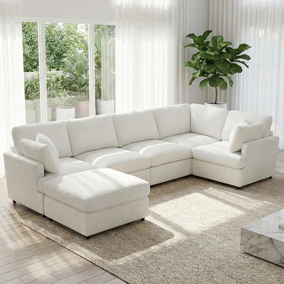 Oversized Modular Sectional Sofa Convertible V Shaped Deep Seat 6-Seater Fluffy Chenille Fabric Corner Couch with Ottoman, L shaped Sofa with Solid Wood Legs, for Living Room, Apartment, Office, Beige