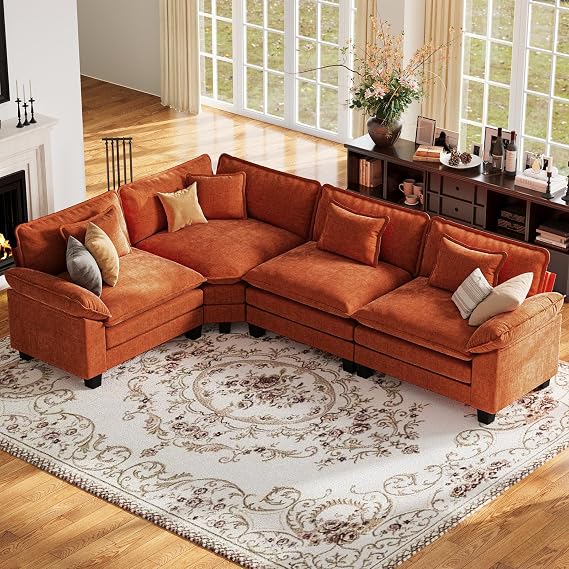 CDCASA 117" Oversized Modular Sectional Sofa with Corner, Comfy L-Shaped Cloud Couch, 4-Seater Chenille Deep Seat Modern Sofa Couch for Living Room, DIY Combination, Terracotta Orange