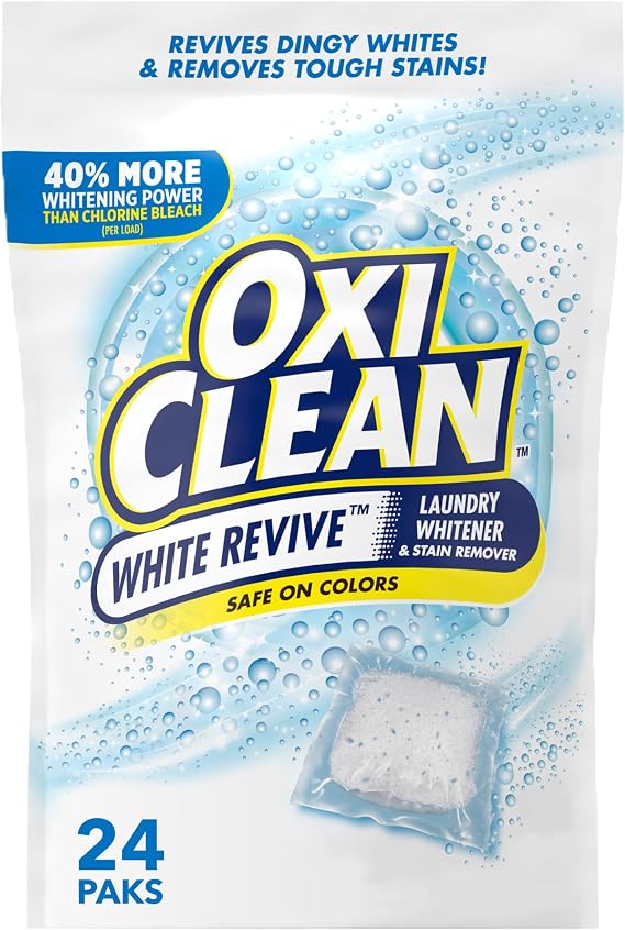 OxiClean White Revive Laundry Whitener & Stain Remover Power Paks, 24 Count | 40% Better Whitening, Revives Dingy Whites, Stain Remover, Oxygen-Powered Whitening, Bleach Alternative, Color-Safe